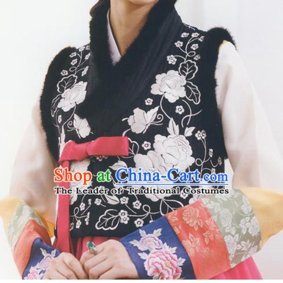 Korean traditional vest 100% silk, mink trims silk embroidery flowers Med - Picture 15 of 15